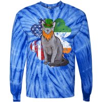 St Patricks Day Irish American Flag Russian Blue Cat Meaningful Gift Tie-Dye Long Sleeve Shirt