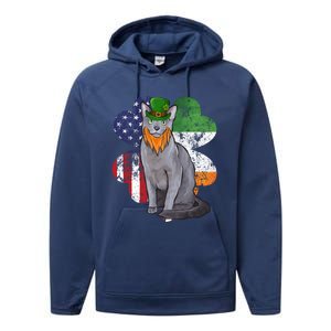 St Patricks Day Irish American Flag Russian Blue Cat Meaningful Gift Performance Fleece Hoodie