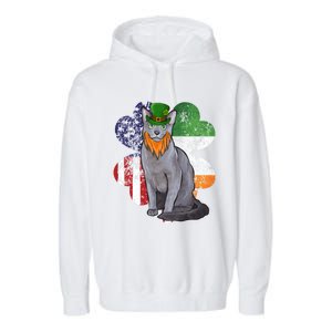 St Patricks Day Irish American Flag Russian Blue Cat Meaningful Gift Garment-Dyed Fleece Hoodie