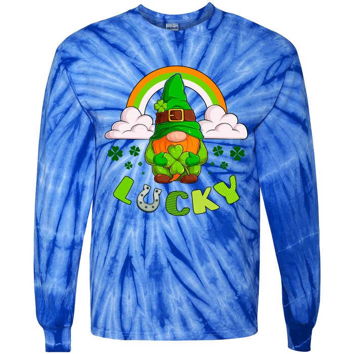 St Patricks Day Lucky Gnome Irish Rainbow Cute Gift Tie-Dye Long Sleeve Shirt