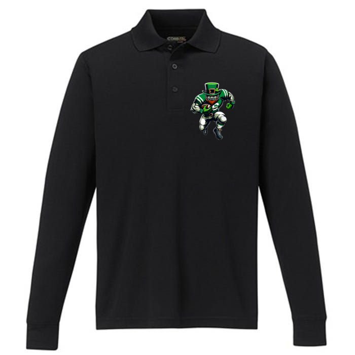 St Patricks Day Leprechaun Football Player Irish Performance Long Sleeve Polo