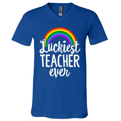 St Patricks Day Luckiest Teacher Ever Funny School Rainbow Gift V-Neck T-Shirt