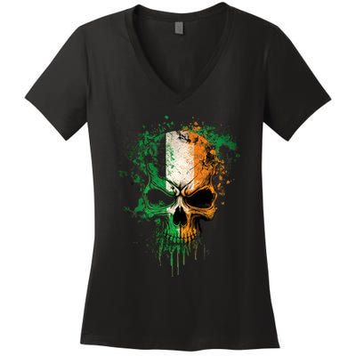 St Patricks Day Skull Irish Flag Teens Women's V-Neck T-Shirt