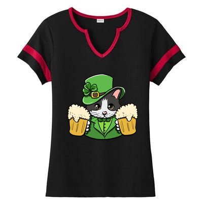 St Patrick's Day Cat And Beer Luck Cloverleaf Gift Ladies Halftime Notch Neck Tee