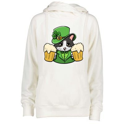 St Patrick's Day Cat And Beer Luck Cloverleaf Gift Womens Funnel Neck Pullover Hood