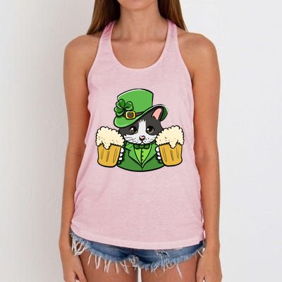 St Patrick's Day Cat And Beer Luck Cloverleaf Gift Women's Knotted Racerback Tank