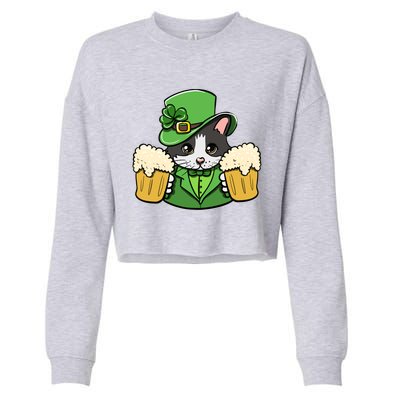 St Patrick's Day Cat And Beer Luck Cloverleaf Gift Cropped Pullover Crew