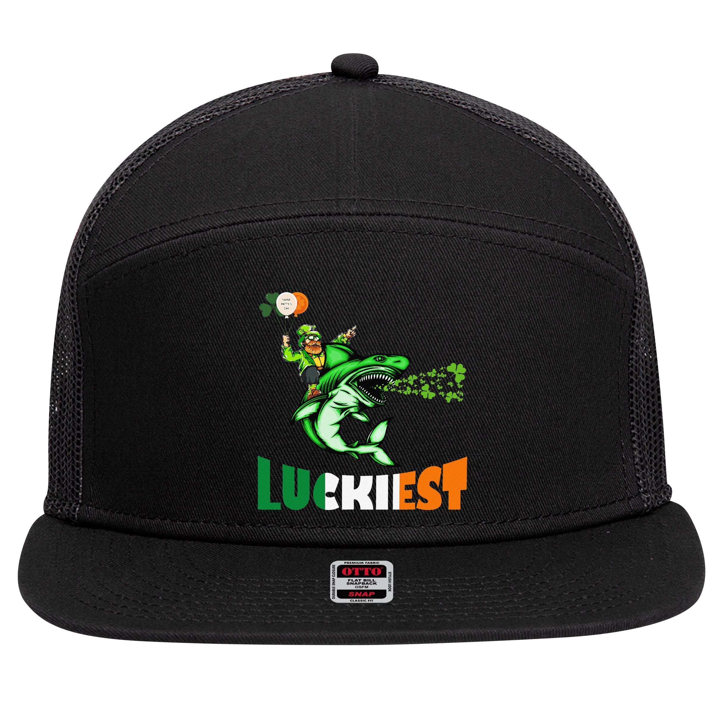 Saint Patrick's Day Funny Leprechaun Riding Shark Best Gift 7 Panel Mesh Trucker Snapback Hat