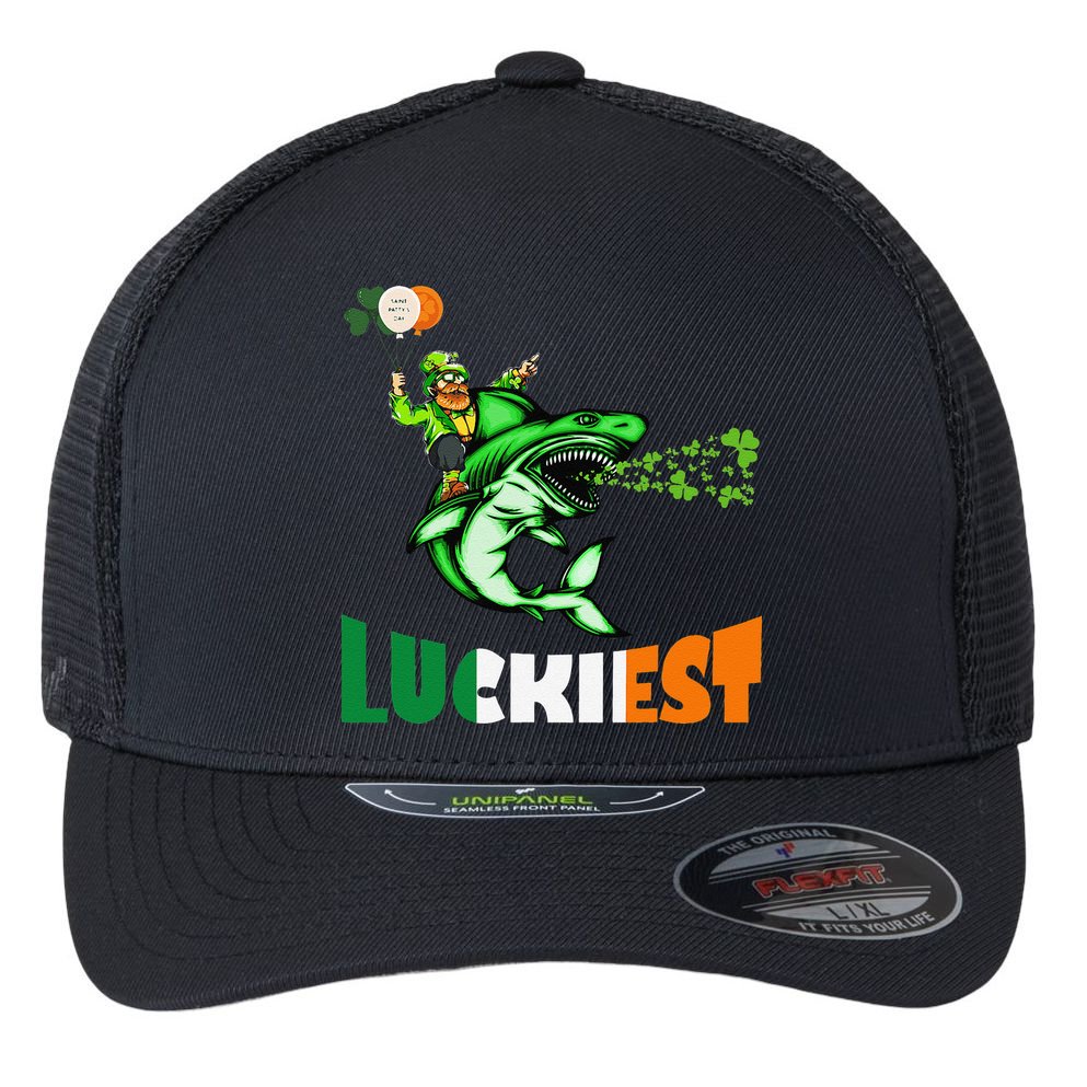 Saint Patrick's Day Funny Leprechaun Riding Shark Best Gift Flexfit Unipanel Trucker Cap