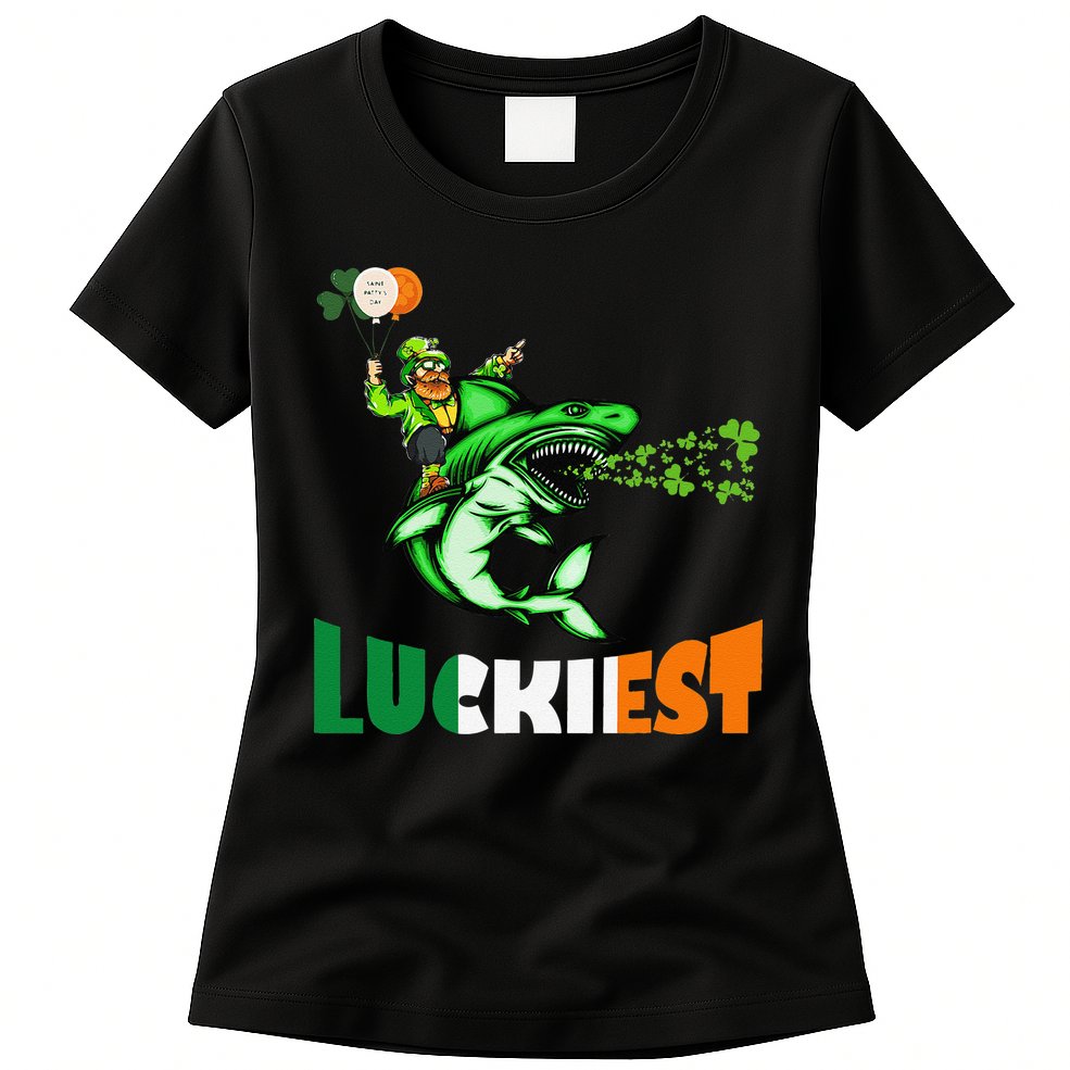 Saint Patrick's Day Funny Leprechaun Riding Shark Best Gift Womens T-Shirt