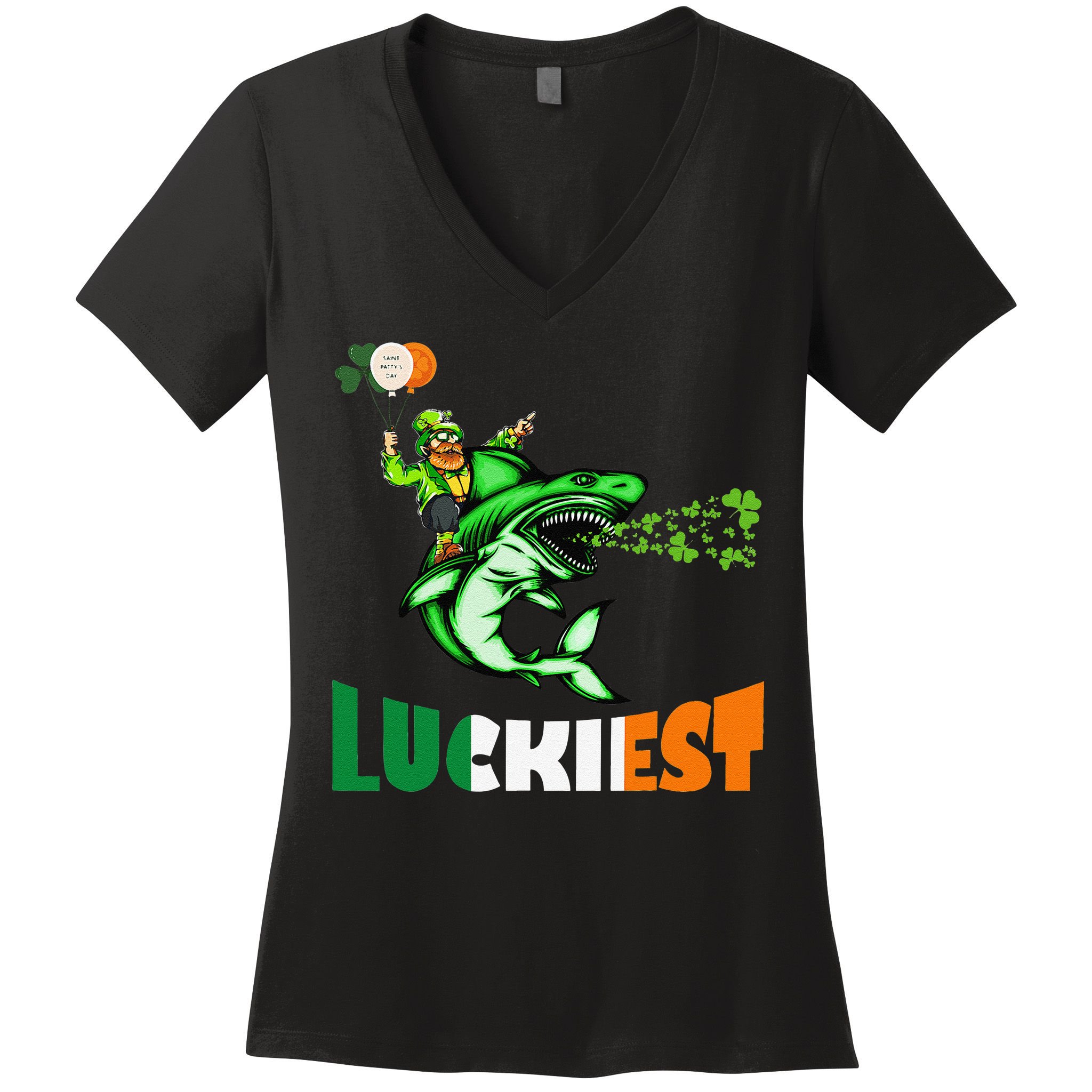 Saint Patrick's Day Funny Leprechaun Riding Shark Best Gift Women's V-Neck T-Shirt