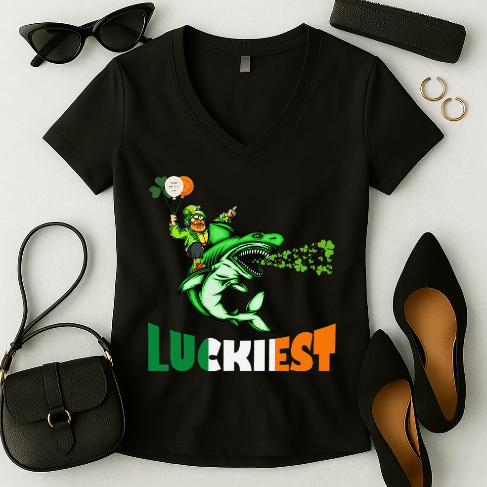 Saint Patrick's Day Funny Leprechaun Riding Shark Best Gift Women's V-Neck T-Shirt