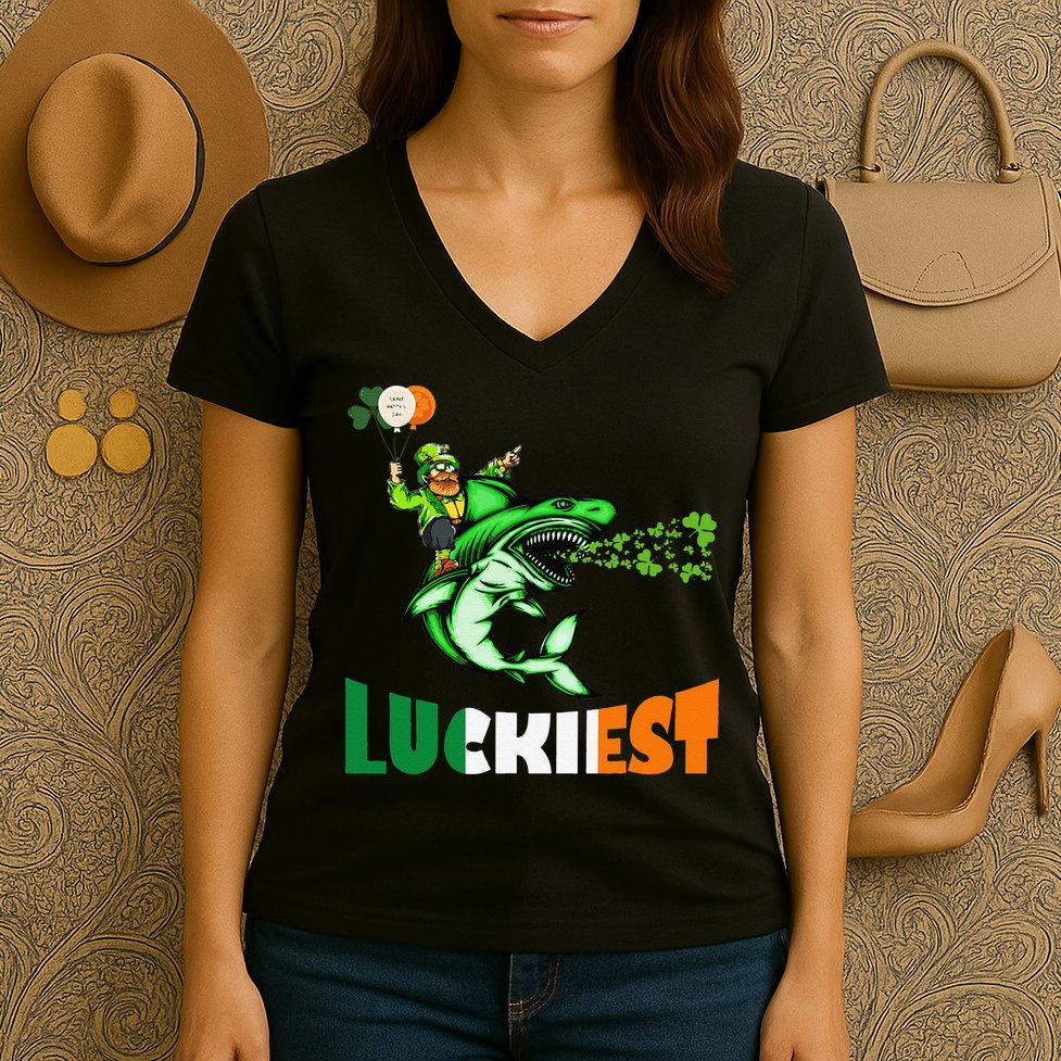 Saint Patrick's Day Funny Leprechaun Riding Shark Best Gift Women's V-Neck T-Shirt