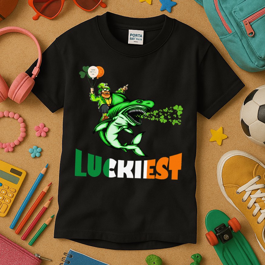 Saint Patrick's Day Funny Leprechaun Riding Shark Best Gift Kids T-Shirt