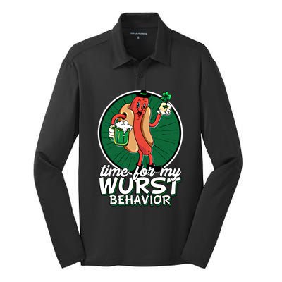 St Patricks Day Time For My Wurst Behavior Lucky Beer Pong Great Gift Silk Touch Performance Long Sleeve Polo