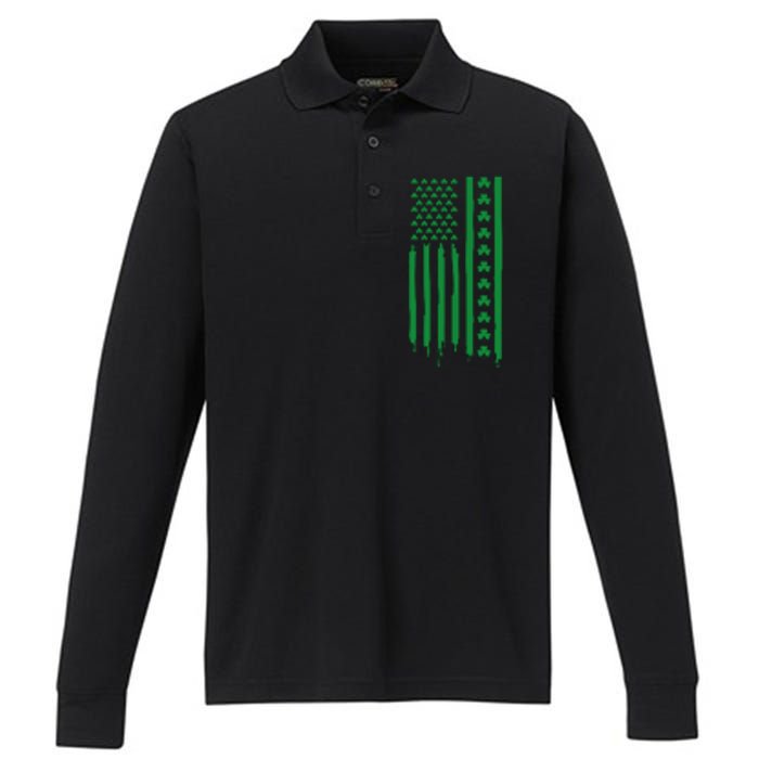 St Patricks Day Usa Flag Gift Performance Long Sleeve Polo