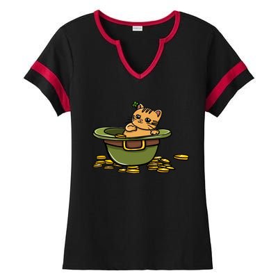 St Patrick's Day Cat And Pot Of Coins Gift Ladies Halftime Notch Neck Tee