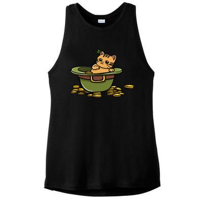 St Patrick's Day Cat And Pot Of Coins Gift Ladies PosiCharge Tri-Blend Wicking Tank