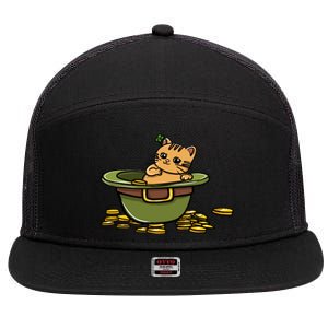 St Patrick's Day Cat And Pot Of Coins Gift 7 Panel Mesh Trucker Snapback Hat