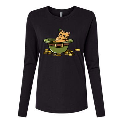 St Patrick's Day Cat And Pot Of Coins Gift Womens Cotton Relaxed Long Sleeve T-Shirt