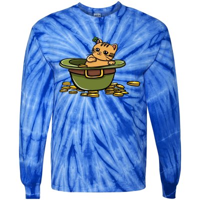 St Patrick's Day Cat And Pot Of Coins Gift Tie-Dye Long Sleeve Shirt