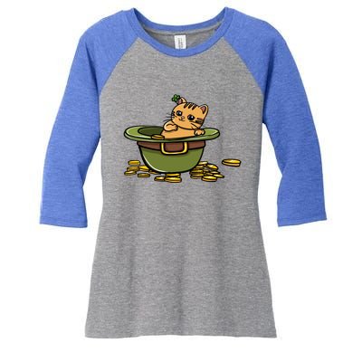 St Patrick's Day Cat And Pot Of Coins Gift Women's Tri-Blend 3/4-Sleeve Raglan Shirt