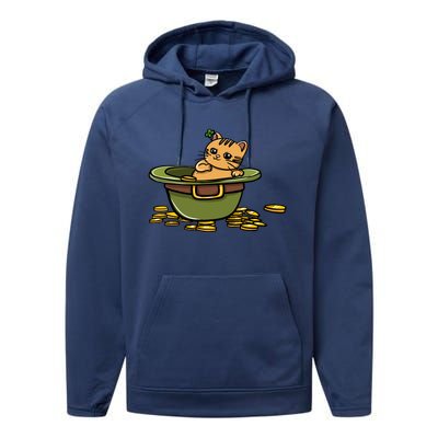 St Patrick's Day Cat And Pot Of Coins Gift Performance Fleece Hoodie