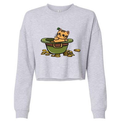 St Patrick's Day Cat And Pot Of Coins Gift Cropped Pullover Crew