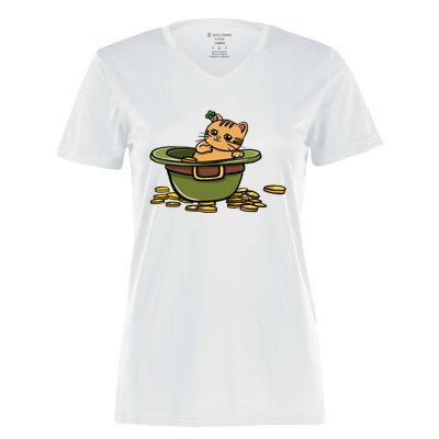 St Patrick's Day Cat And Pot Of Coins Gift Women's Momentum V-Neck T-Shirt