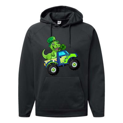 St Patricks Day Cute Dinosaur Monster Truck Gift Kid.s Boys Performance Fleece Hoodie