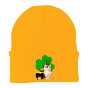 St Paddys Day Shamrock Dog Lover Pomeranian Clover Gift Knit Cap Winter Beanie