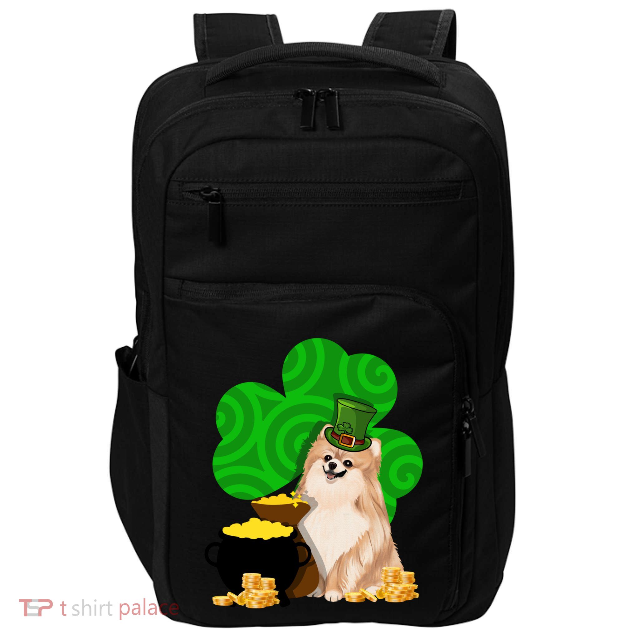 St Paddys Day Shamrock Dog Lover Pomeranian Clover Gift Impact Tech Backpack