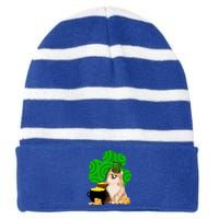 St Paddys Day Shamrock Dog Lover Pomeranian Clover Gift Striped Beanie with Solid Band