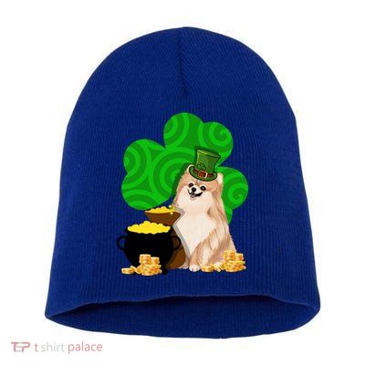 St Paddys Day Shamrock Dog Lover Pomeranian Clover Gift Short Acrylic Beanie