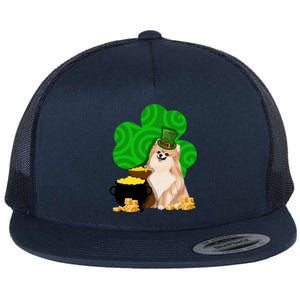 St Paddys Day Shamrock Dog Lover Pomeranian Clover Gift Flat Bill Trucker Hat