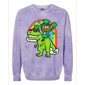 St Patricks Day Leprechaun On Dino Saint Paddys Boy Colorblast Crewneck Sweatshirt