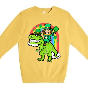 St Patricks Day Leprechaun On Dino Saint Paddys Boy Premium Crewneck Sweatshirt