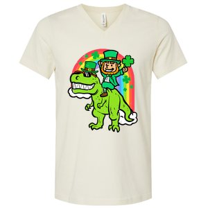 St Patricks Day Leprechaun On Dino Saint Paddys Boy V-Neck T-Shirt