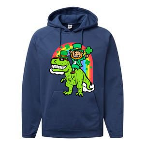 St Patricks Day Leprechaun On Dino Saint Paddys Boy Performance Fleece Hoodie