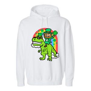 St Patricks Day Leprechaun On Dino Saint Paddys Boy Garment-Dyed Fleece Hoodie