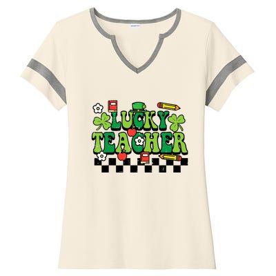 St Patricks Day Lucky Teacher Saint Paddys Groovy Wo Ladies Halftime Notch Neck Tee