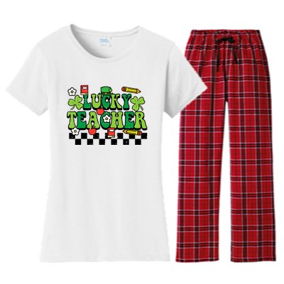 St Patricks Day Lucky Teacher Saint Paddys Groovy Wo Women's Flannel Pajama Set