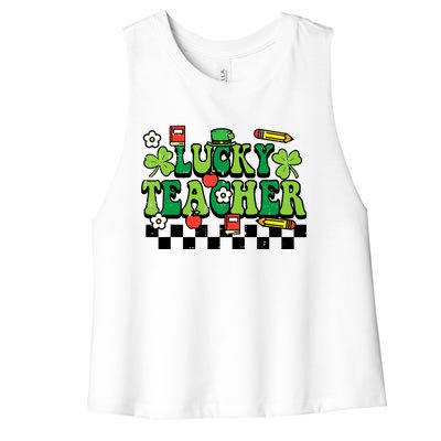 St Patricks Day Lucky Teacher Saint Paddys Groovy Wo Women's Racerback Cropped Tank