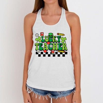 St Patricks Day Lucky Teacher Saint Paddys Groovy Wo Women's Knotted Racerback Tank