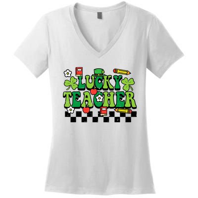 St Patricks Day Lucky Teacher Saint Paddys Groovy Wo Women's V-Neck T-Shirt