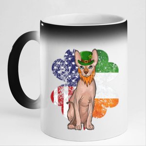 St Patricks Day Irish American Flag Sphynx Cat Gift 11oz Black Color Changing Mug