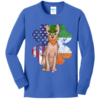 St Patricks Day Irish American Flag Sphynx Cat Gift Kids Long Sleeve Shirt