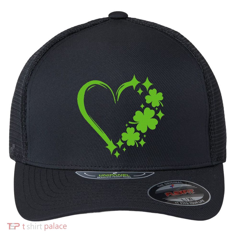 St Patricks Day Cute Heart Love Shamrock St Patricks Day Flexfit Unipanel Trucker Cap