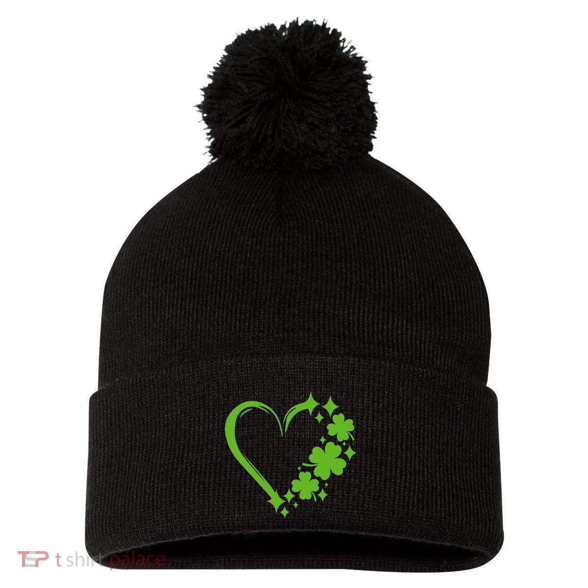 St Patricks Day Cute Heart Love Shamrock St Patricks Day Pom Pom 12in Knit Beanie
