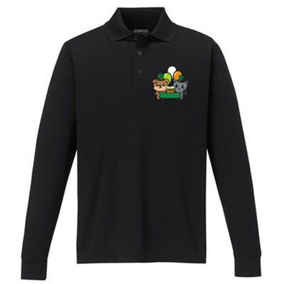 St Patrick's Day Cute Dog Cat And Beer Luck Cloverleaf Gift Performance Long Sleeve Polo